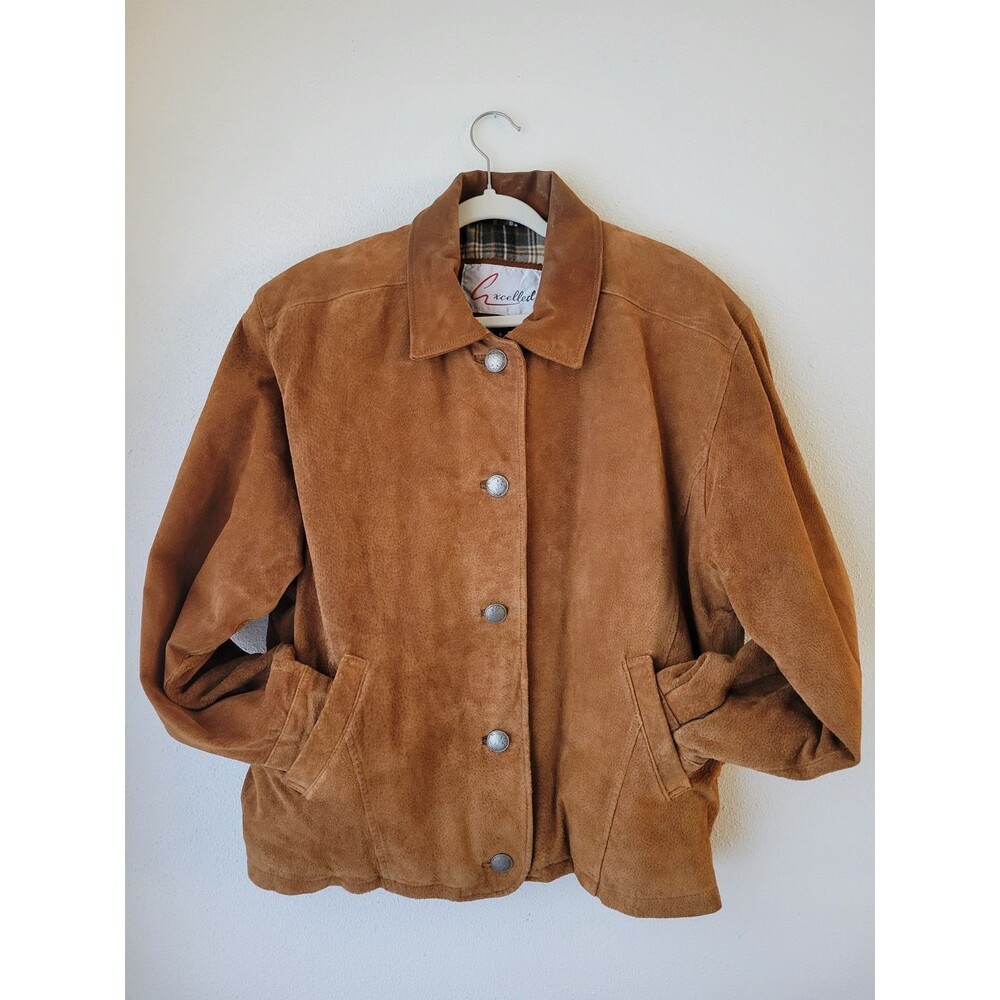 Excelled XL Cognac Suede Leather Jacket Plaid Lined Padded Western Ranch Vintage